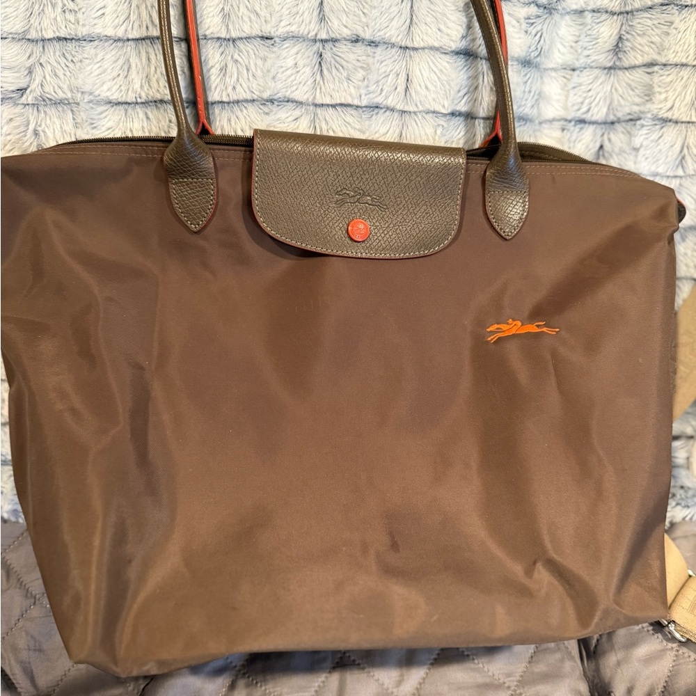 Longchamp Olive Green Shoulder Bag with Orange Accents